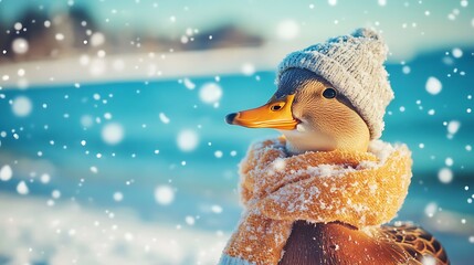 Duck in a snowy landscape wearing a cozy scarf and hat on beach background