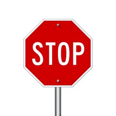 A classic red stop sign, isolated on white background, displays the word stop in bold white letters