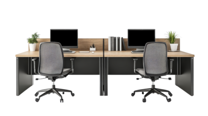 Dual user desk with two chairs and separate laptops, team setup Transparent background, PNG