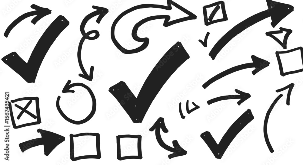 Poster hand-drawn arrows and check marks: a creative doodle set for design elements