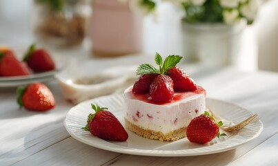 sunny day, strawberry cheesecake on the light kitchen table, Generative AI
