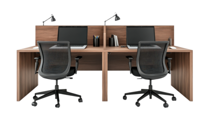 Dual user desk with two chairs and separate laptops, team setup Transparent background, PNG