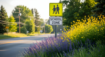 Tranquil School Zone With Wildflowers Along Rural Roadside Landscape