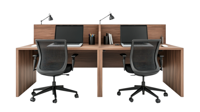Dual user desk with two chairs and separate laptops, team setup Transparent background, PNG