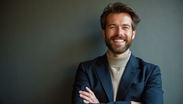 Happy Caucasian man, 35 years old, confidently posing indoors