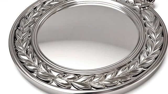 Detailed view of a round, silver-toned medal or decorative plate with an embossed laurel wreath border