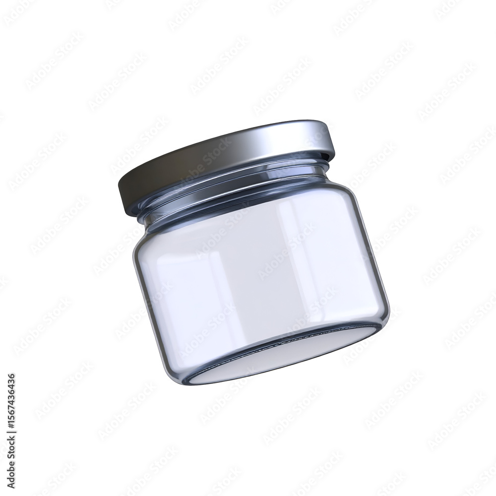 Poster empty clear glass jar with white blank label and shiny silver lid isolated on a transparent backgrou