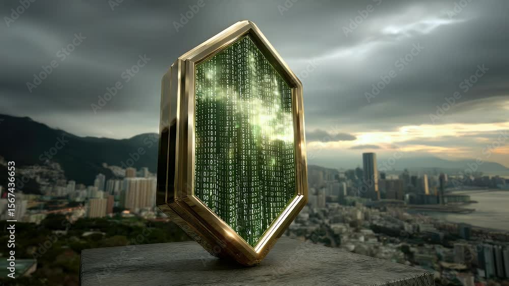 Poster golden binary shield in cityscape