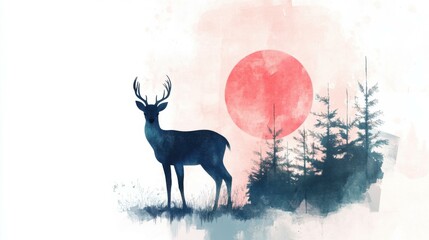 Deer standing peacefully in forest with large red sun