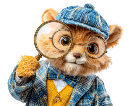 Cute fox detective magnifying glass blue plaid jacket yellow vest bow tie hat curious animal character whimsical style isolated background - Powered by Adobe