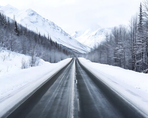 Fototapeta premium snowy road winding through a snow covered mountain isolated on white background PNG , AI GENERATED