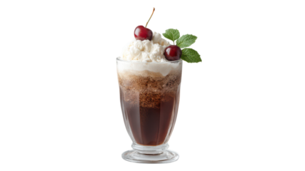 Delicious ice cream float with cherries and mint isolated on transparent background