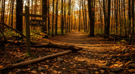 Pathway Through Maple Glen Forest With Vibrant Autumn Colors At Sunset
