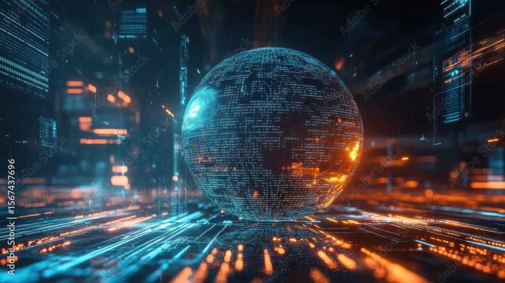 Poster glowing sphere with digital code in futuristic environment