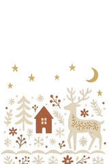 北欧風クリスマスの夜空とトナカイのイラスト