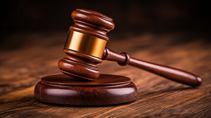 Wooden gavel and base sit on a textured surface