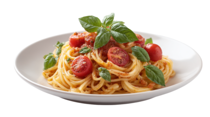 Delicious spaghetti with tomato sauce and fresh basil leaves isolated on transparent background