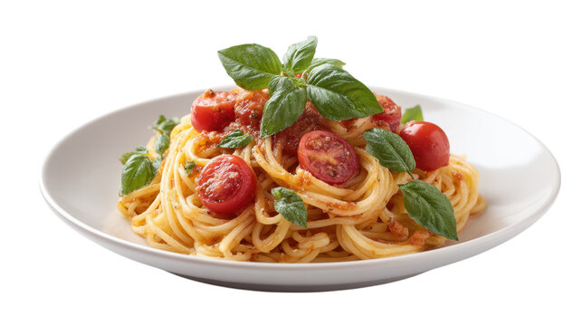 Delicious spaghetti with tomato sauce and fresh basil leaves isolated on transparent background