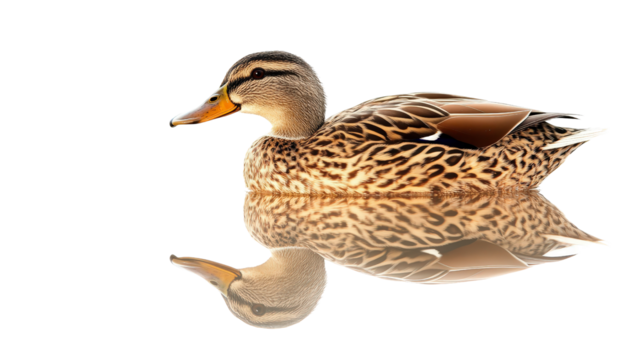 Duck with reflection beneath as if on smooth surface Transparent background, PNG