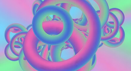 Abstract swirls of pink blue and green form a tangled cluster of smooth tubular shapes against a gradient background