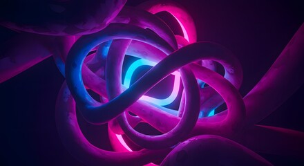 Abstract tangle of thick curved tubes illuminated by neon blue and pink light