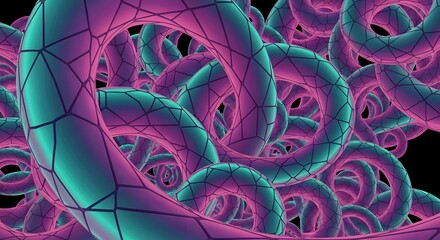 Abstract toroidal forms with a shimmering pink and turquoise gradient