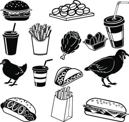 Fast Food Silhouette Vector Icons Collection
