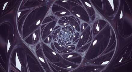 Abstract tunnel with swirling organic dark purple structures and bright light