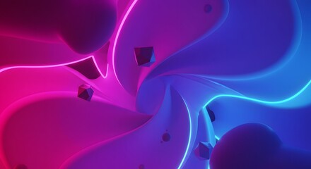 Abstract vortex of smooth purple and blue surfaces with glowing neon lines and geometric shapes