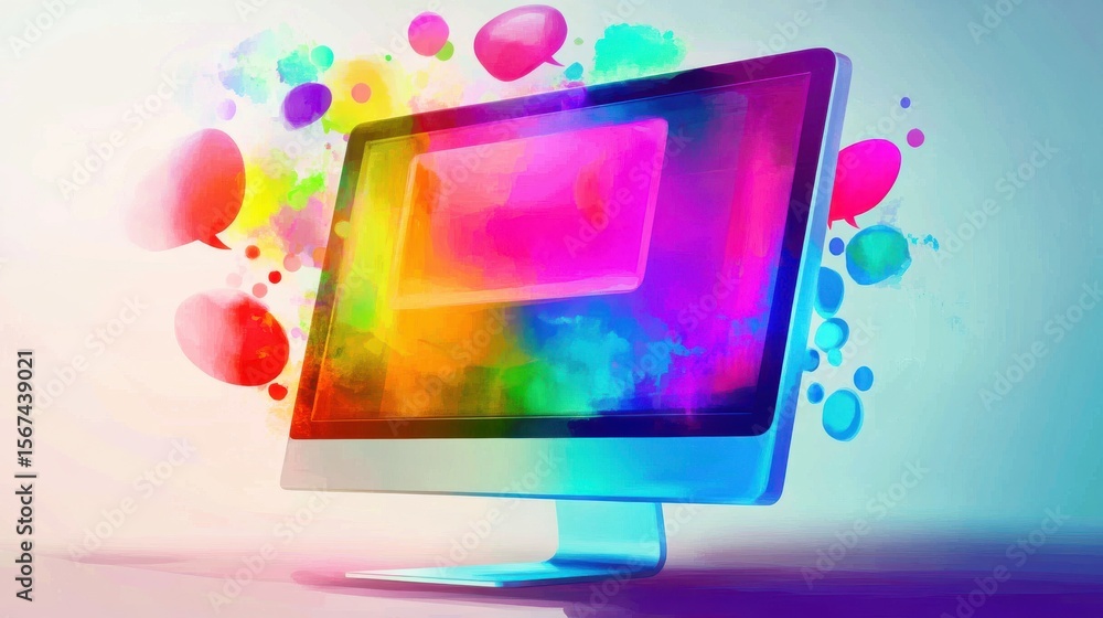 Aufkleber computer surrounded by colorful abstract speech bubbles in indoor space