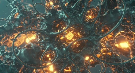 Closeup of a metallic amorphous structure with glowing orange core