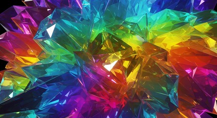 Closeup of rainbowcolored faceted crystals on a black background