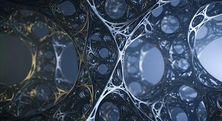 Complex abstract metallic structure with interconnected circular openings and light reflections