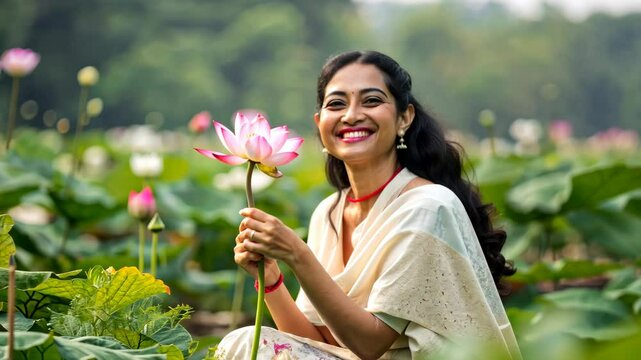 Woman in Traditional Attire Holding a Lotus Flower