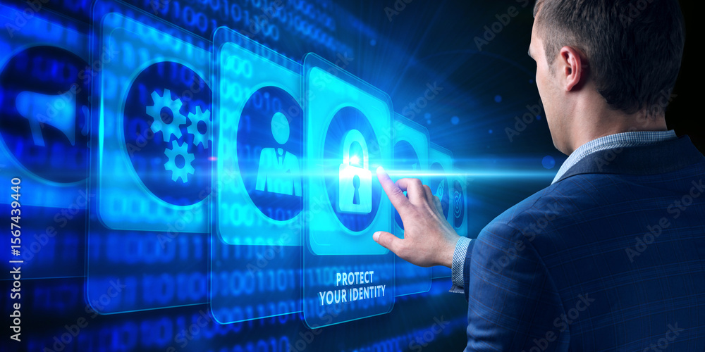 Poster cyber security data protection business technology privacy concept. protect your identity on the vir