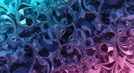 Fractal pattern with swirling blue and pink metallic shapes