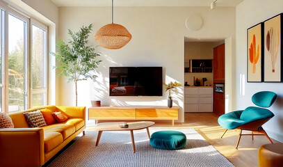 A bright and stylish living room with yellow sofa and teal accents