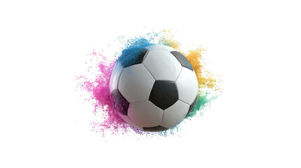 Soccer ball exploding with colorful powder isolated on transparent background