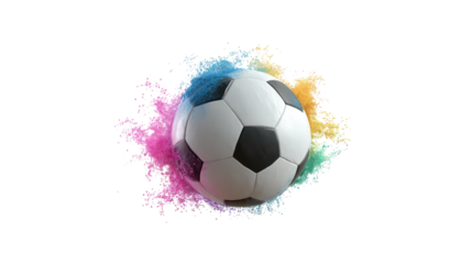 Soccer ball exploding with colorful powder isolated on transparent background