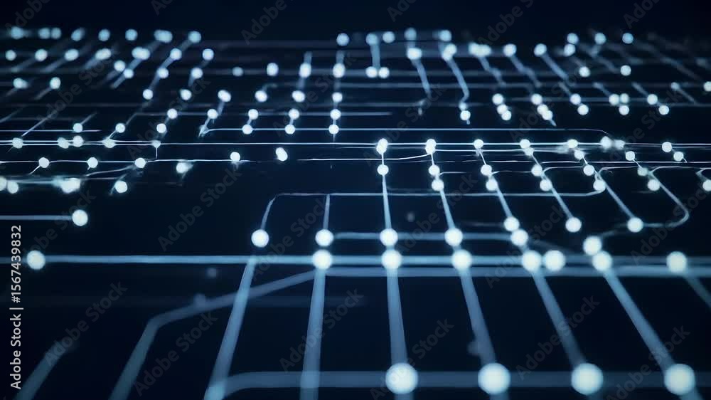 Poster close up of a circuit board with glowing white lines and dots on a dark blue background