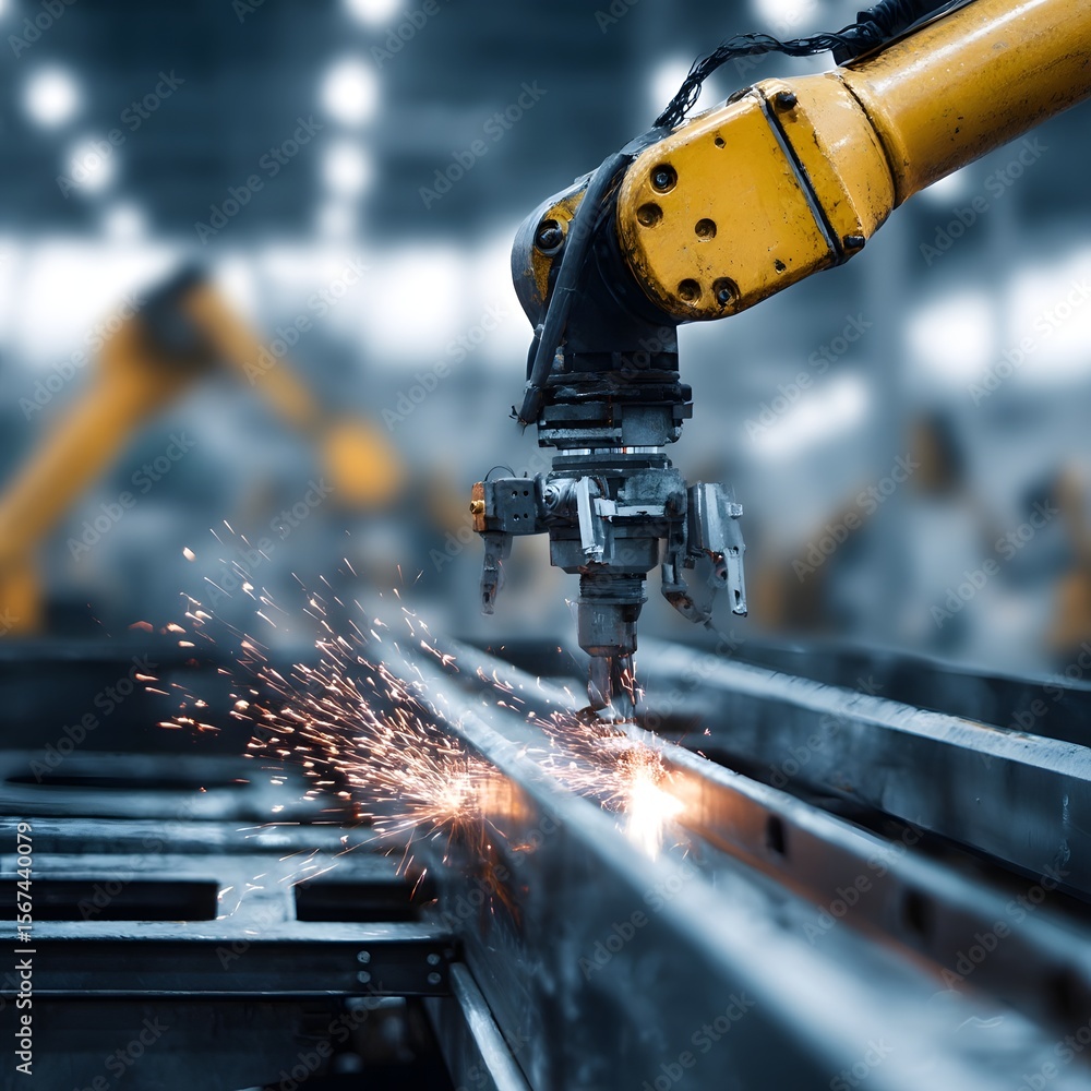 Poster a robotic welder assembling a steel frame in a high tech factory