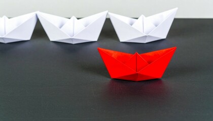 Red paper boat leads a line of white paper boats on a dark surface