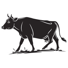 Stylized silhouette of a black cow walking gracefully through green grass in a meadow
