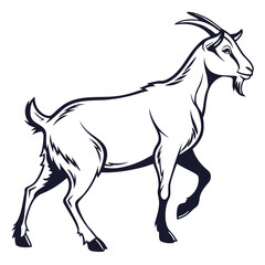 Obraz premium A stylized black and white illustration of a goat with horns and a beard walking confidently