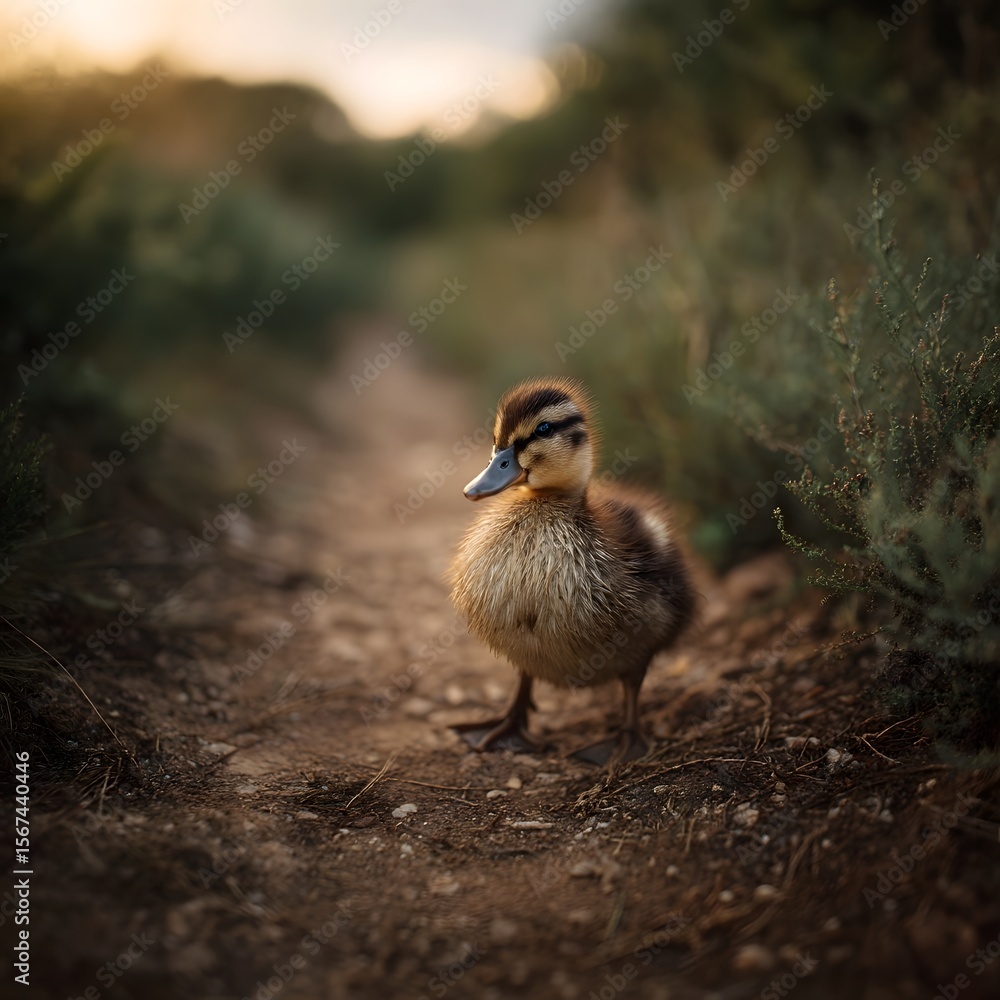 Poster a curious duckling follows the path ahead