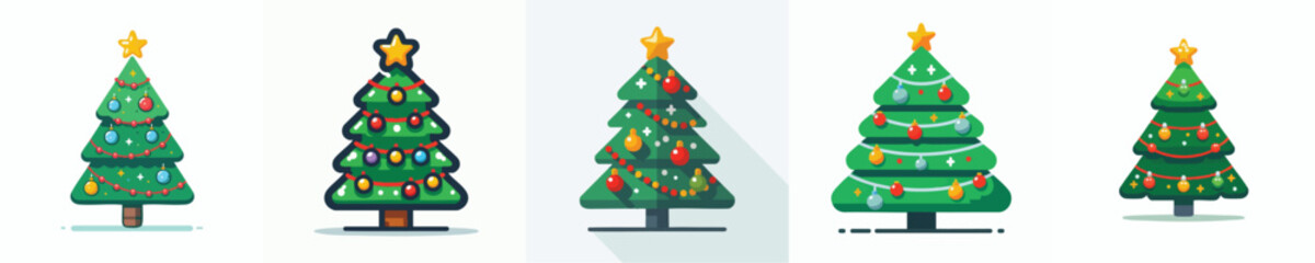 Flat Vector Christmas Tree Icons with Ornaments and Star Top – Holiday Decor Tree Set