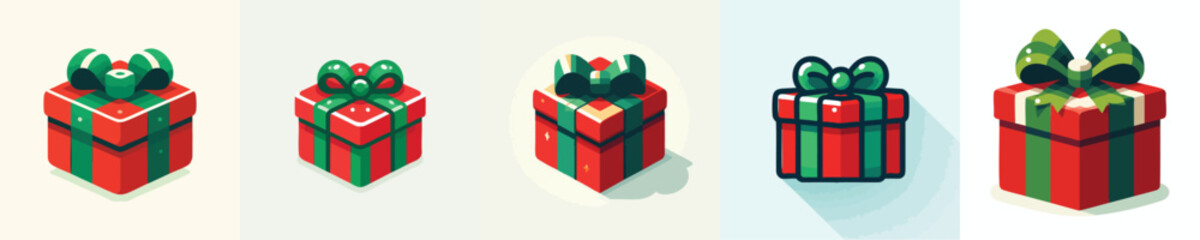 Red Christmas Present Box with Green Bow – Flat Holiday Icon Vector