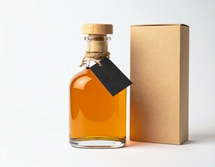 Amber liquid in glass bottle with wooden stopper and kraft paper box