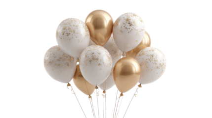 Elegant white and gold balloons with glitter isolated on transparent background