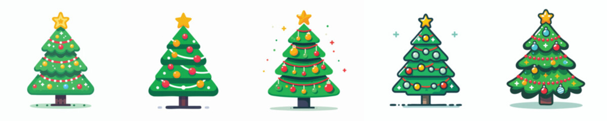Flat Vector Christmas Trees with Ornaments, Lights, and Star – Holiday Tree Icons Set